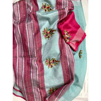Oceanic Pure Linen Floral Embroidered Blue Saree