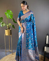 Indiehaat | Soft Silk Paan Triple Zari Woven Blue Saree