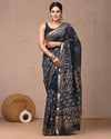 Indiehaat | Maheshwari Silk Saree Indigo Color Bagru Handblock Printed with Running Blouse (Silk by Silk)