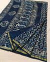 Indiehaat | Indigo Blockprint Pure Chanderi Silk Saree | Elegance in Blue