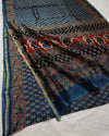 Indiehaat | Ajrakh Printed Chanderi Silk Saree Blue | Serenity in Silk