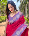 Indiehaat | Soft Silk Floral Border Contrast Zari Woven Pink Saree