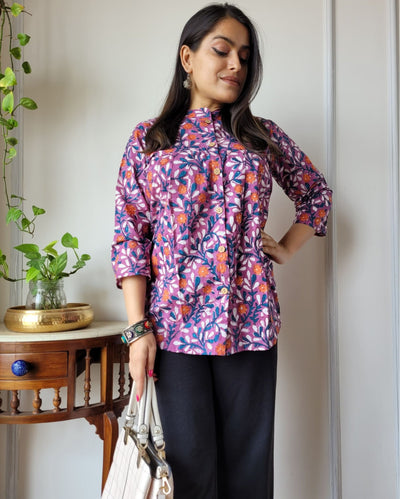Indiehaat | Kanchi Cotton Peplum Tops Lavish Purple BlockPrinted
