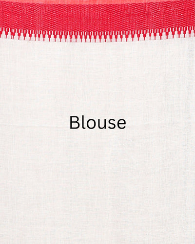 Indiehaat| Pure Linen White Saree Floral Buti Striped Pallu