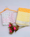 Indiehaat | Kota Doria Yellow Saree Embroidery With Blouse Piece