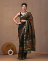 Indiehaat | Maheshwari Silk Saree Black Color Bagru Handblock Printed with Running Blouse (Silk by Silk)