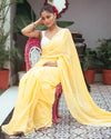 Indiehaat | Mul Cotton Plain Saree Yellow with Tassel