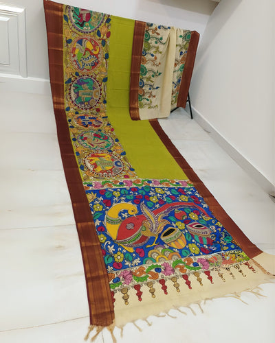 Indiehaat | Mangalagiri Handpainted Silk Saree Multicolor