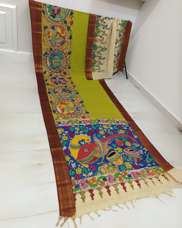 Indiehaat | Mangalagiri Handpainted Silk Saree Multicolor