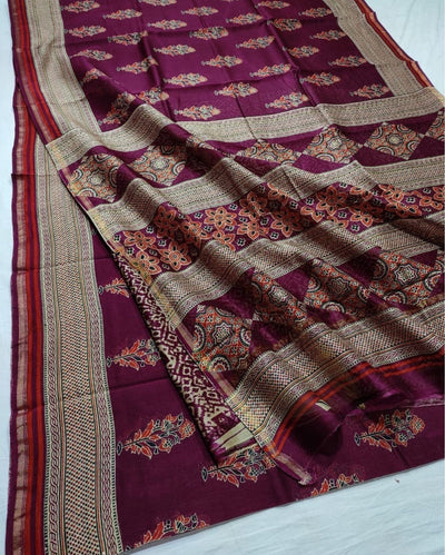 Indiehaat | Chanderi Silk Ajrakh Print Saree Red