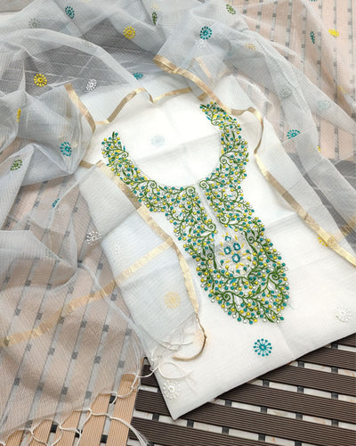 Indiehaat | Kota Cotton Embroidery White Suit (Top+Dupatta)