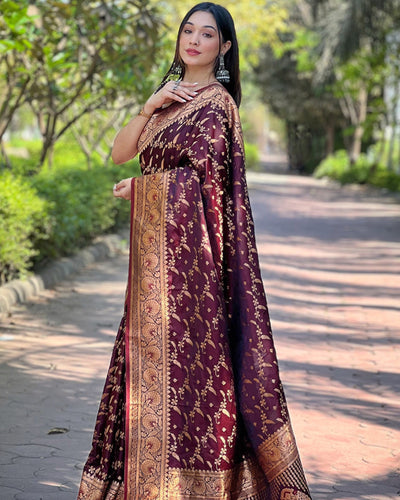 Indiehaat | Banarasi Jaal Katan Silk Zari Woven Maroon Saree