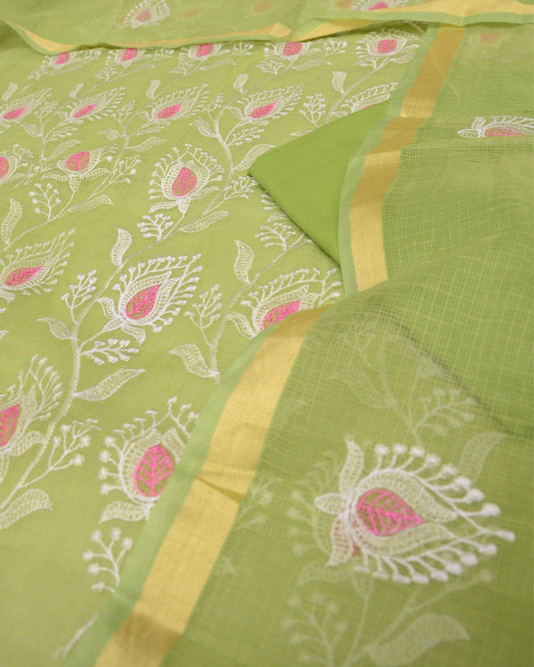 Indiehaat|Kota Doria Embroidered Green Suits(Top+Bottom+Dupatta)