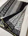 Indiehaat | Blockprint Chanderi Silk Saree in Black & White | Elegant Monochrome Saree