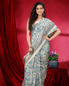 Indiehaat | Kashmiri Silk Beige & Blue Printed Saree