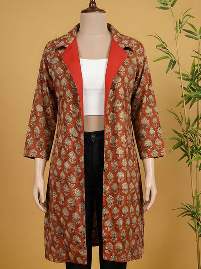 Avaran Roop Pure Cotton Blockprint Winter Jacket Rust Orange