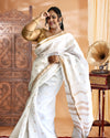 Indiehaat|Kota Silk White Color Saree Jaquard Weaving Golden Zari Work With Blouse