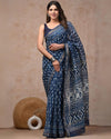 Indiehaat | Maheshwari Silk Saree Indigo Color Bagru Handblock Printed with Running Blouse (Silk by Silk)