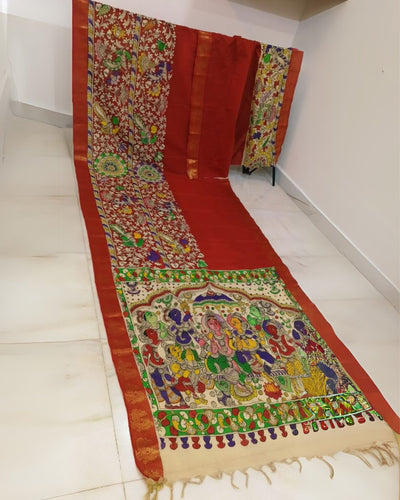 Indiehaat | Mangalagiri Handpainted Silk Saree Red