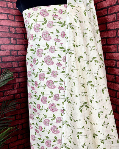 Indiehaat | Khadi Silk Beige Suit Printed Top+Bottom+Dupatta