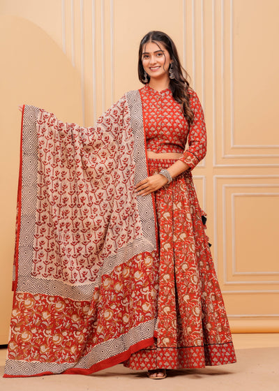 Indiehaat | Blockprinted Red Lehanga Choli Set