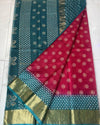 Indiehaat | Craft Couture Kota Doria Block Print Red & Sea Green Saree