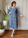 Indiehaat | Cotton Long One Piece Dress Blue Color Bagru Hand Printed Size 36 to 46