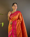 Indiehaat | Soft Silk Zari Woven Contrast Green & Red Saree with Satin Border