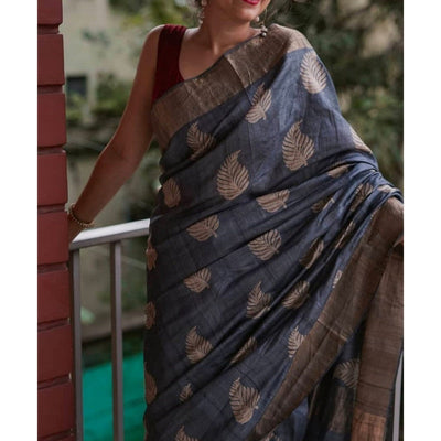 Silkmark Certified Moonga Tussar Silk Embroidered Gray Color Saree with Running Blouse-Indiehaat