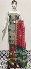 Khadi Cotton Batik Handblock Print Green  Suit Piece with Bottom and Dupatta-Indiehaat