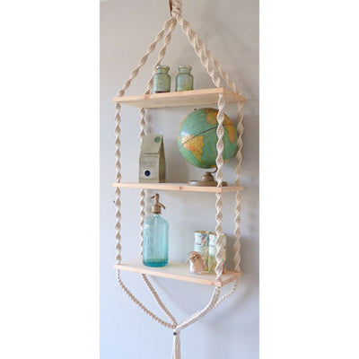 Macrame Triple White Plant HangerWith Pine Wood-Indiehaat