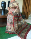 Chanderi Silk Saree Pale Cream Color Kalamkari Print with running blouse - IndieHaat