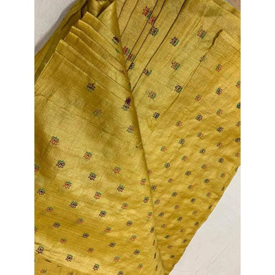 Silkmark Certified Pure Tussar Silk Embroidered Handloom Yellow Saree with Blouse (Tussar by Tussar)-Indiehaat