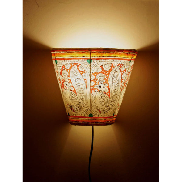 Indiehaat | Peacock Kalamkari Handpainted Wall Mount Leather Lamp | 5.5 Inch
