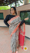 Silkmark Certified Tussar Silk Handloom Handblock Printed Red and Black Saree with Blouse-Indiehaat