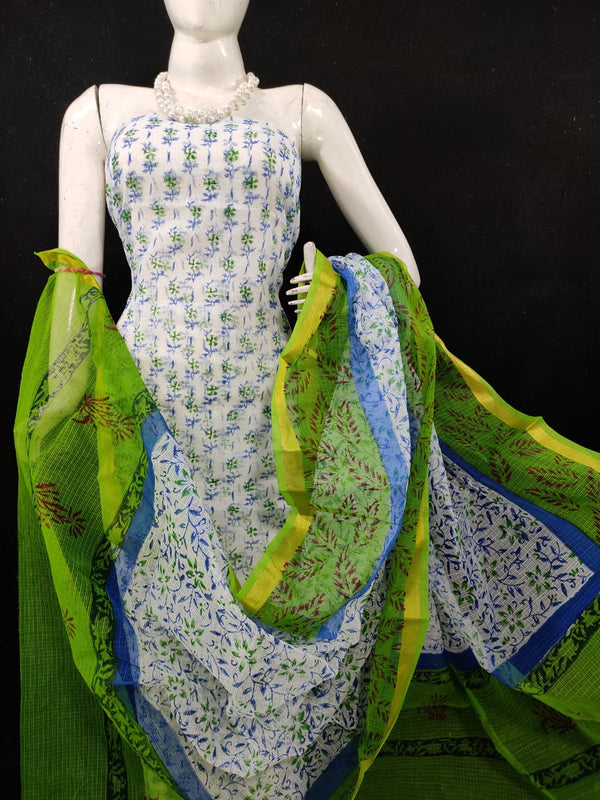 Kota Doria Green Suit Material Handblock Printed with Zari Border Dupatta-Indiehaat