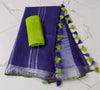 Slub Linen Hand Dyed Blue Saree with Contrast Blouse-Indiehaat