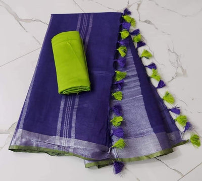 Slub Linen Hand Dyed Blue Saree with Contrast Blouse-Indiehaat