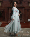 Organza Stitched Suit Gray Color Hand painted - IndieHaat