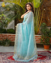 Pure Silk Kota Doria Saree Sky Blue Color allover Hand Pitta work with running blouse - IndieHaat