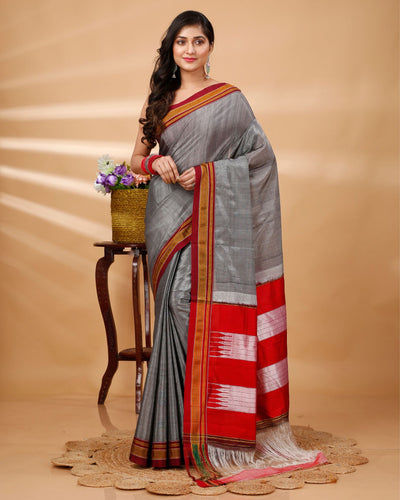 ILKAL Handloom Cotton Silk Saree Gray Color with running blouse - IndieHaat