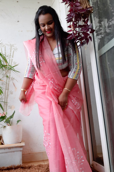 Kota Doria Embroidery Pink Saree with blouse Handcrafted-Indiehaat