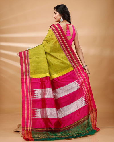 ILKAL Handloom Cotton Silk Saree Olive Green Color with running blouse - IndieHaat