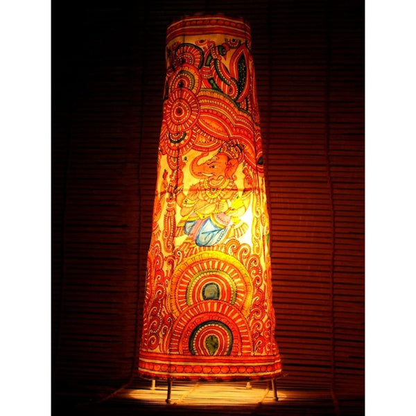 Indiehaat | Ganesh Kalamkari Handpainted Standing Round Leather Lamp | 26 Inch