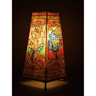 Indiehaat | Ganesha Kalamkari Handpainted Standing Square Leather Lamp | 9 Inch