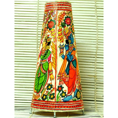 Indiehaat | Krishna Radha Kalamkari Handpainted Standing Round Leather Lamp | 17 Inch