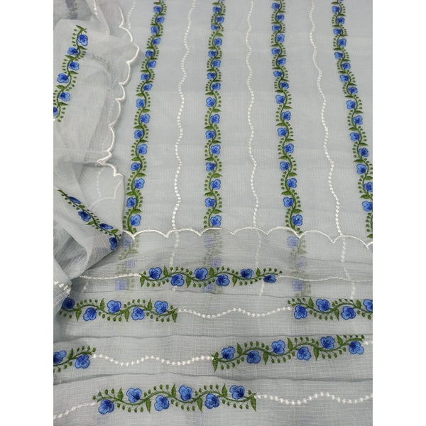 Kota Doria Gray Suit Material Embroidered and Hand Dyed with Dupatta-Indiehaat