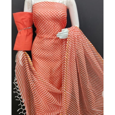 Kota Doria Orange Suit Material 2 Piece Lehariya Tie And Dye (Only Top And Dupatta)-Indiehaat