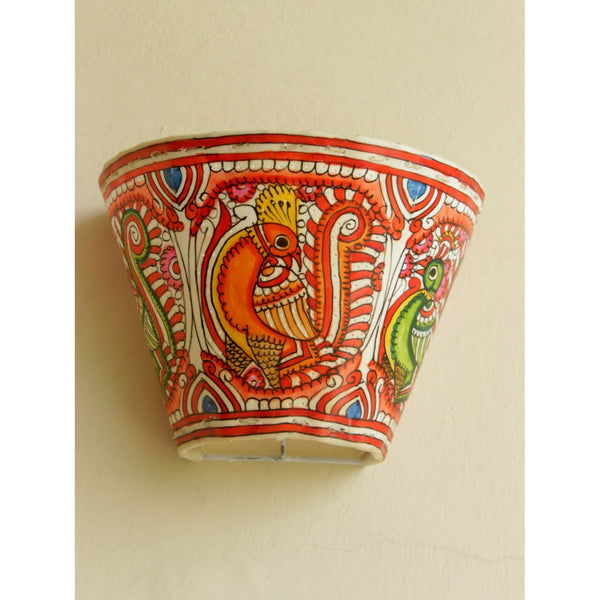 Indiehaat | Peacock Kalamkari Handpainted Wall Mount Leather Lamp | 5.5 Inch