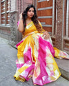 Cotton Linen Saree Yellow & Pink Color Shibori Hand Dyed with running blouse - IndieHaat